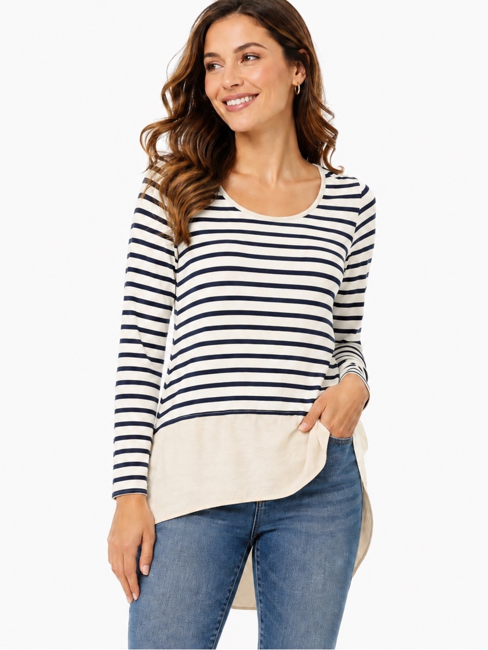 Anthropologie Lili's Closet Navy White Stripe Long Sleeve Hi-Lo Tunic Top Size S